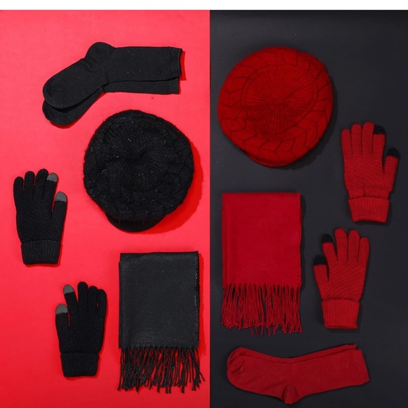 Women Winter Warm Knit Hat Scarf cap and Glove Wine Red - Picture 6 of 7